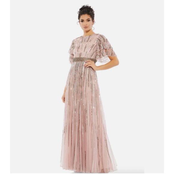 NWT Mac Duggal 93582 Vintage Rose Embellished Full-Length Gown Layered Sleeve 10 - Picture 1 of 9